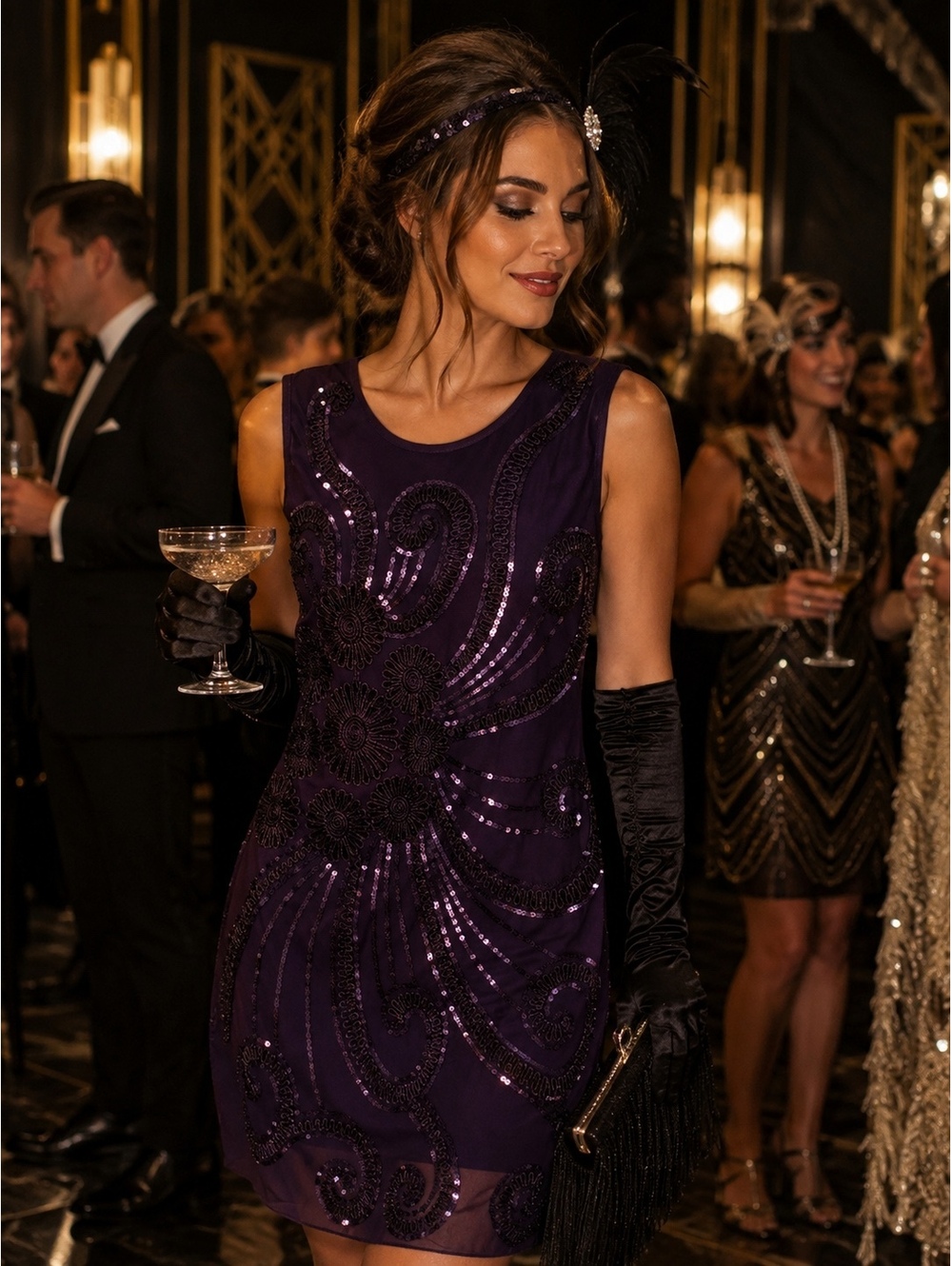 Anna-Kaci Purple Sequin Beaded Cocktail Dress Gatsby Art Deco Sleeveless Size S